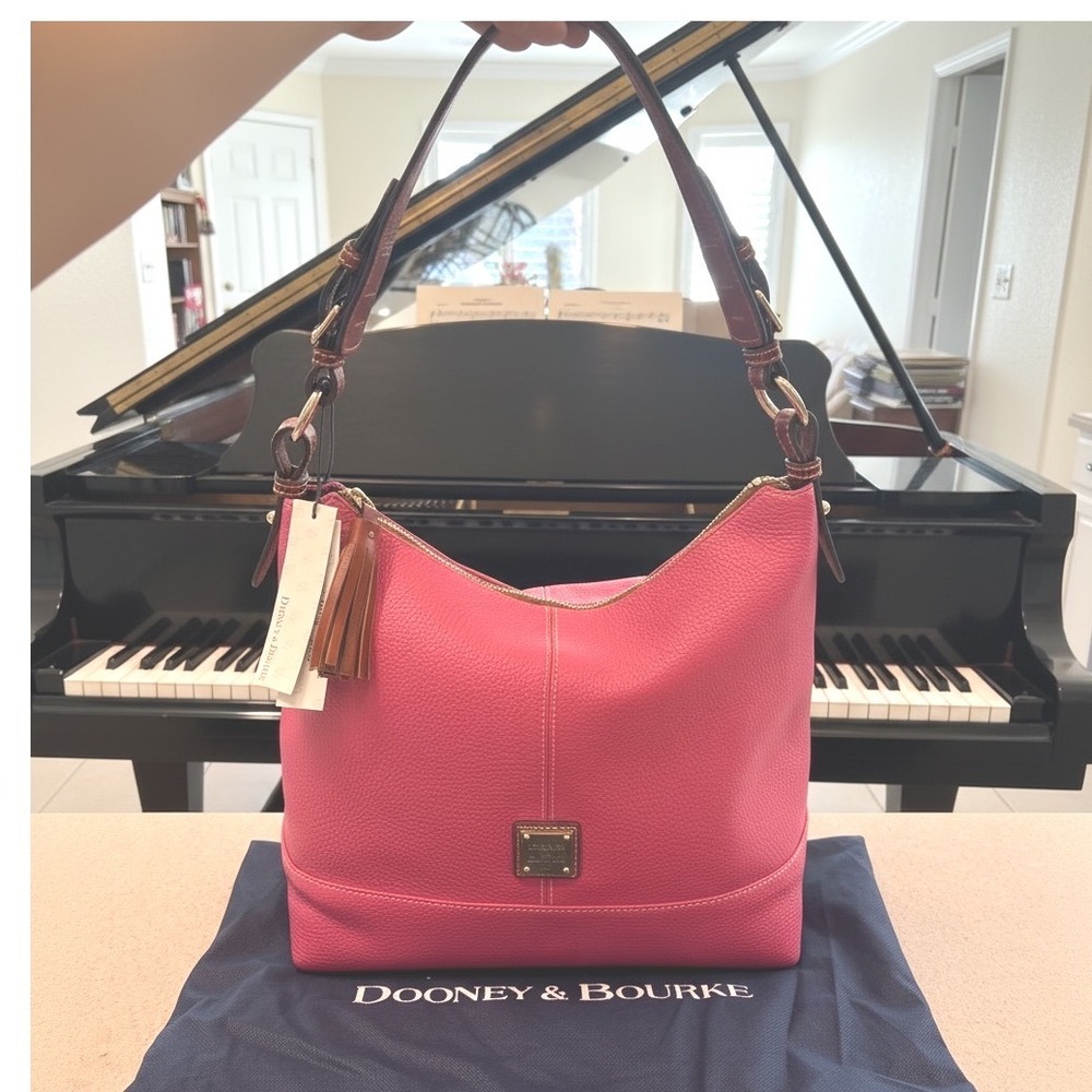 Dooney & Bourke Pebbled Leather Hobo Shoulder Bag Pink Tassel Large